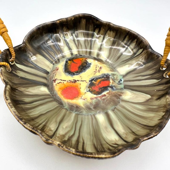 Likely Carstens Bowl West Germany Art Pottery Lava Glaze w Wicker Handles - Picture 4 of 13